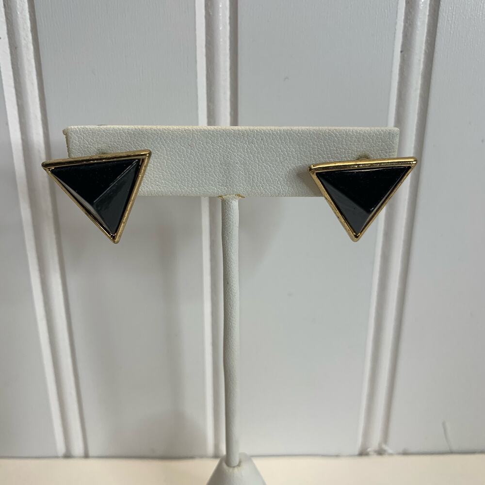 Black Triangular 3D Post Earrings 3/4" Retro Goth Preppy